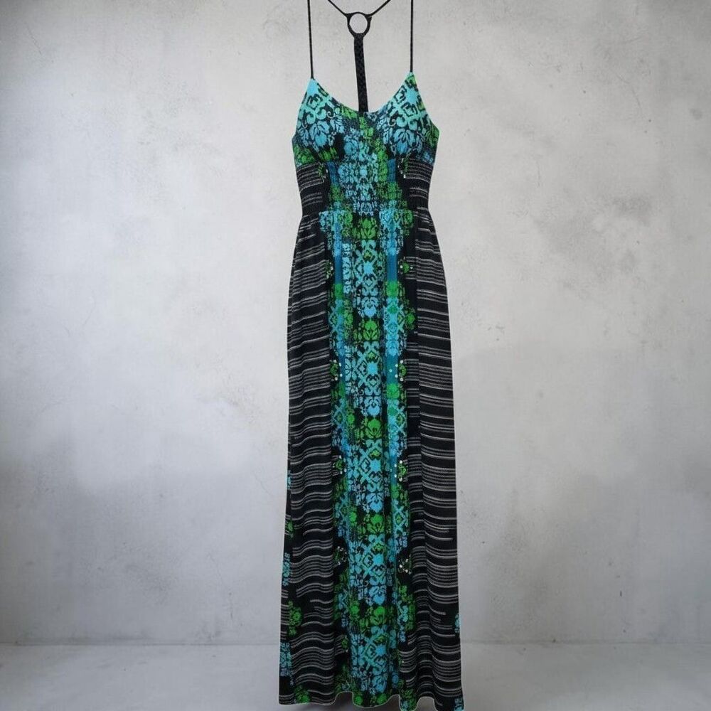 My Michelle Racerback Maxi Dress Black Green Blue Smocked Boho-Chic Resortwear